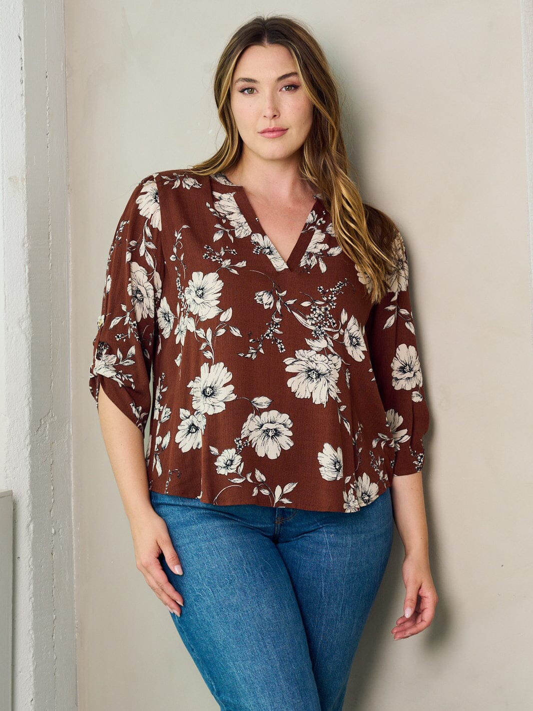 PLUS SIZE 3/4 SLEEVE V-NECK FLORAL TUNIC BLOUSE TOP