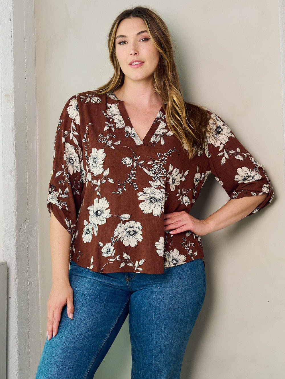 PLUS SIZE 3/4 SLEEVE V-NECK FLORAL TUNIC BLOUSE TOP