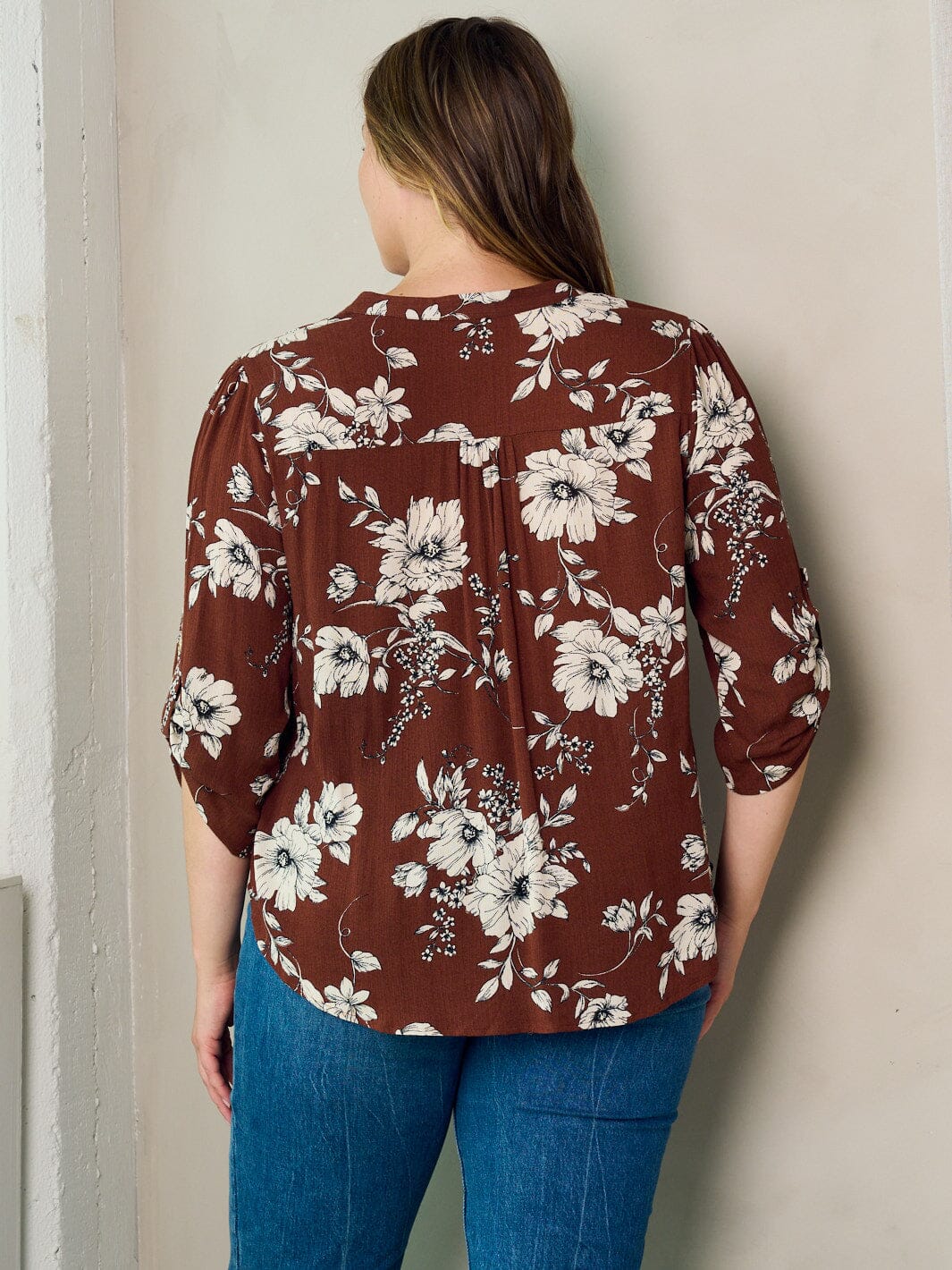 PLUS SIZE 3/4 SLEEVE V-NECK FLORAL TUNIC BLOUSE TOP