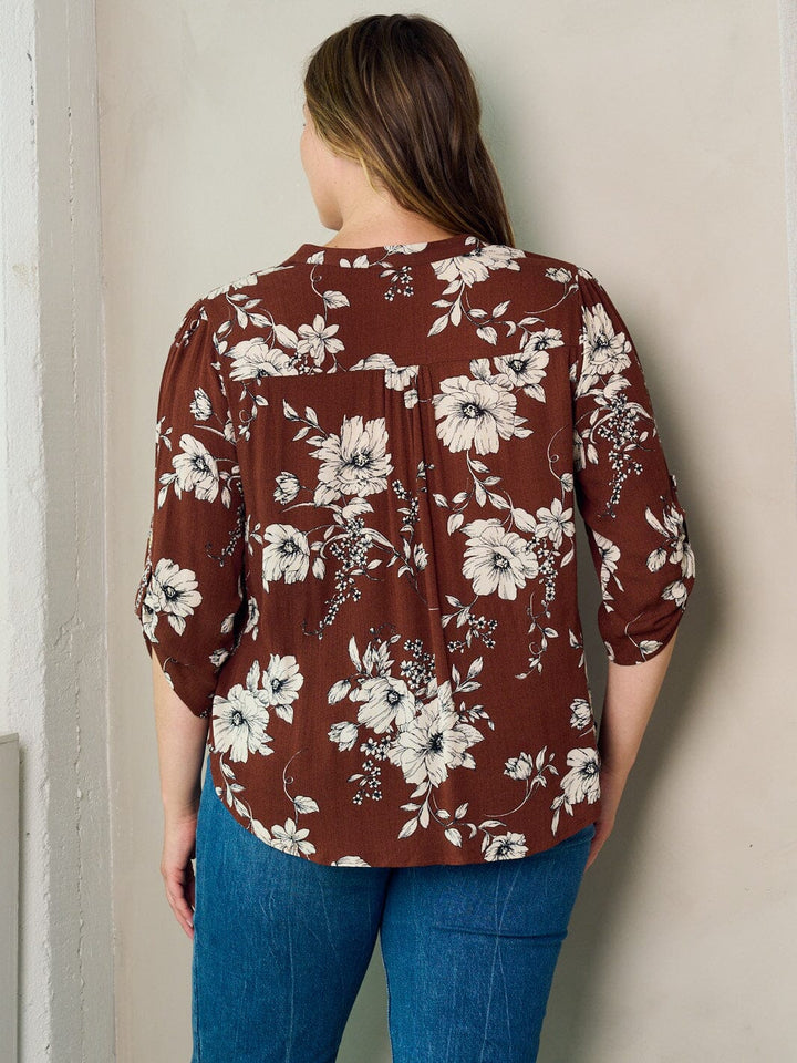 PLUS SIZE 3/4 SLEEVE V-NECK FLORAL TUNIC BLOUSE TOP