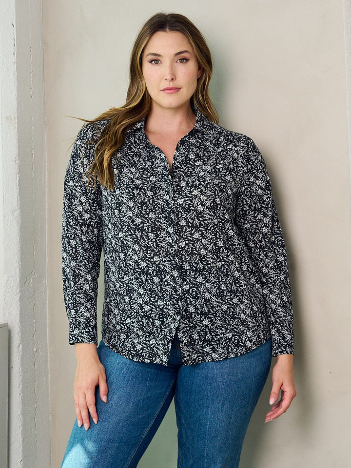 PLUS SIZE LONG SLEEVE BUTTON UP FLORAL BLOUSE TOP