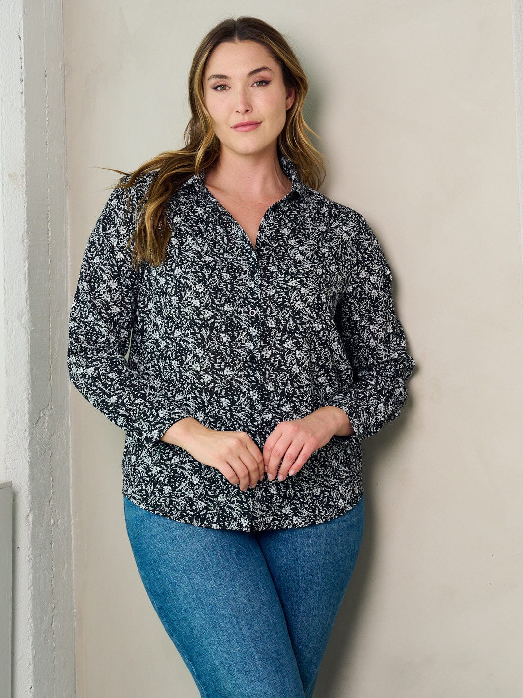 PLUS SIZE LONG SLEEVE BUTTON UP FLORAL BLOUSE TOP