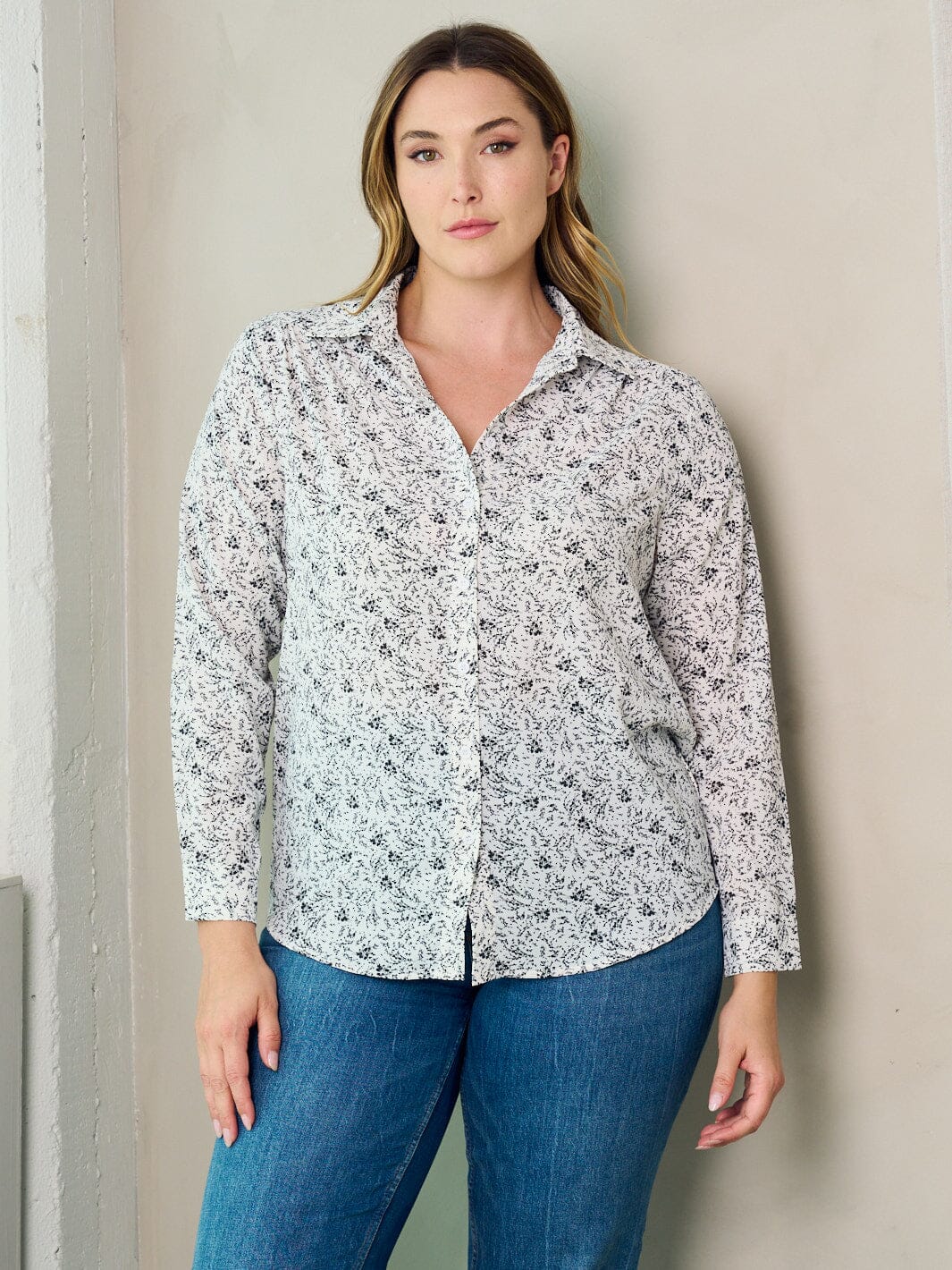 PLUS SIZE LONG SLEEVE BUTTON UP FLORAL BLOUSE TOP