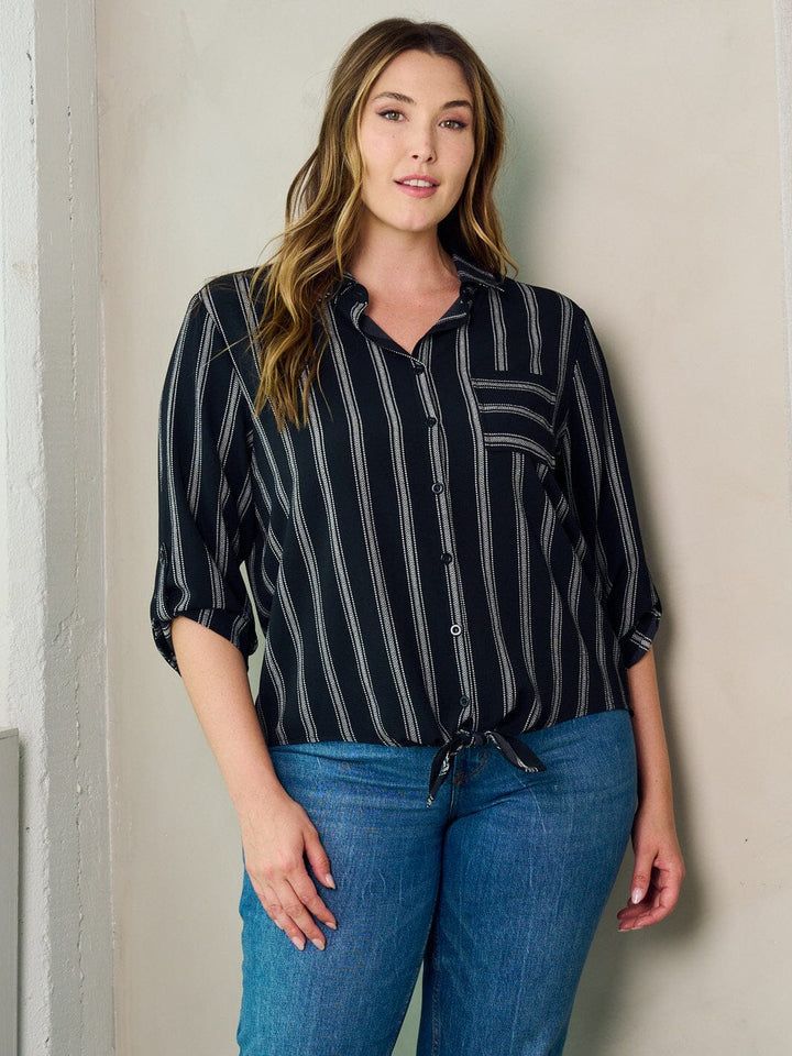 PLUS SIZE 3/4 SLEEVE BUTTON UP STRIPES BLOUSE TOP
