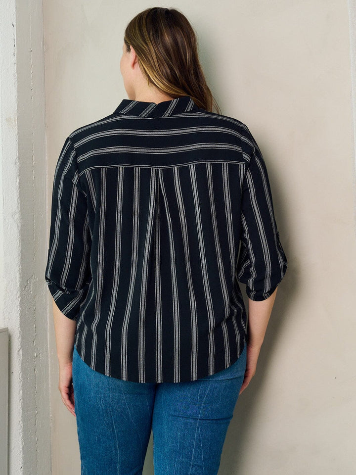 PLUS SIZE 3/4 SLEEVE BUTTON UP STRIPES BLOUSE TOP