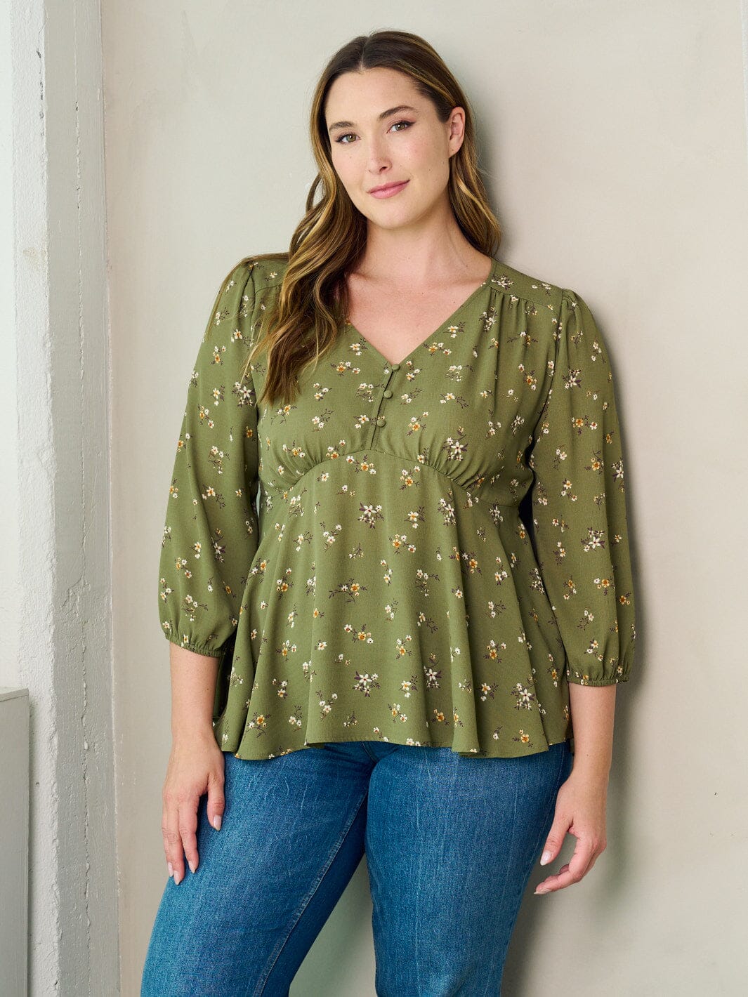 PLUS SIZE 3/4 SLEEVE V-NECK FLORAL PRINT BLOUSE TOP