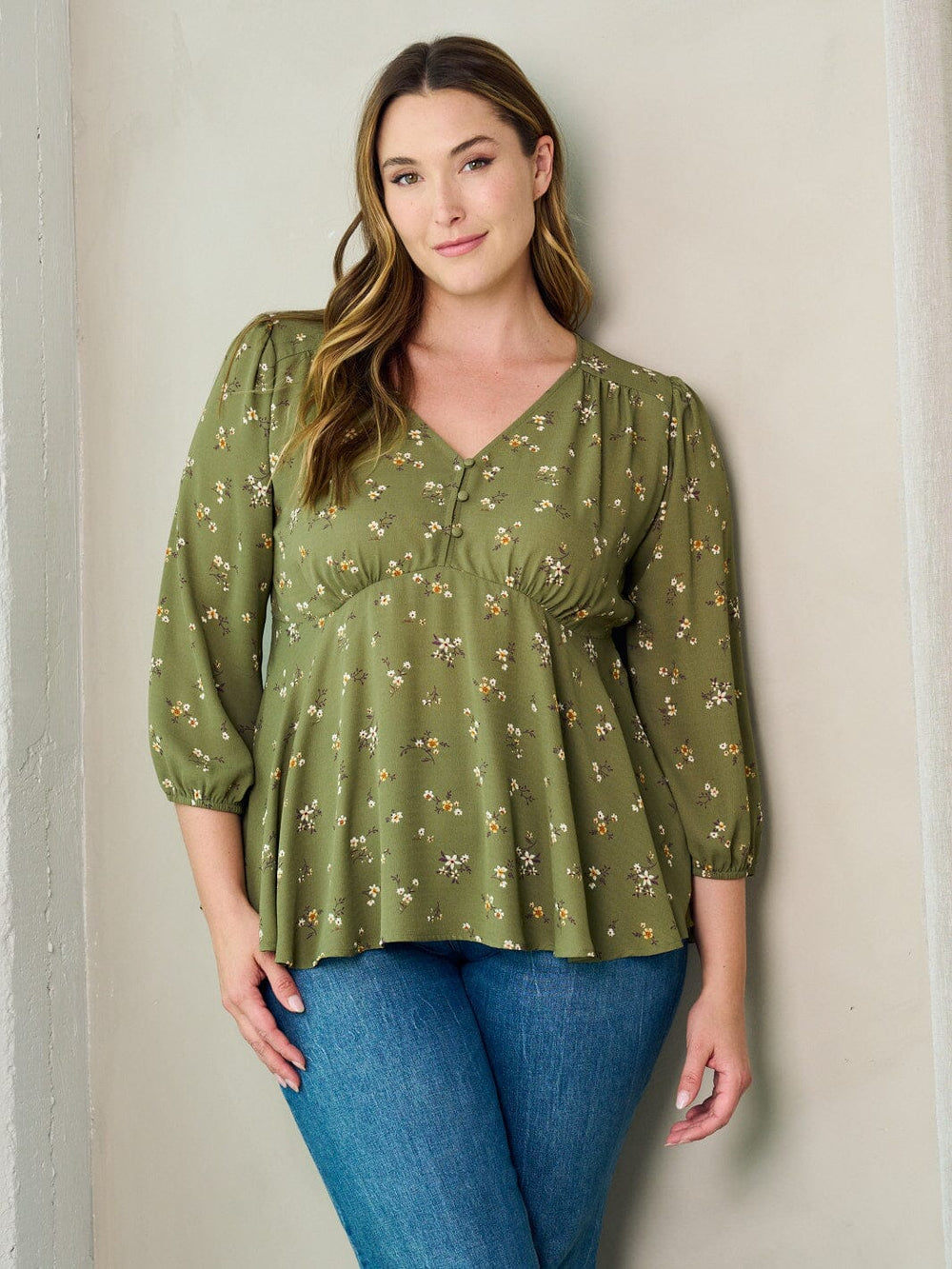 PLUS SIZE 3/4 SLEEVE V-NECK FLORAL PRINT BLOUSE TOP