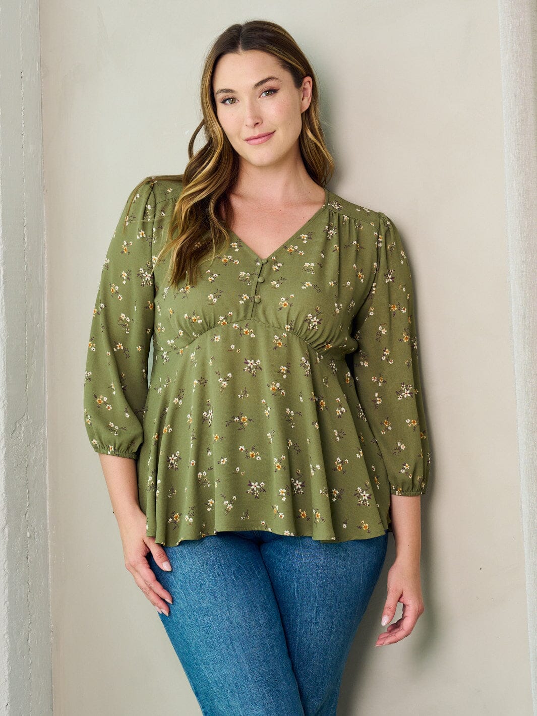 PLUS SIZE 3/4 SLEEVE V-NECK FLORAL PRINT BLOUSE TOP