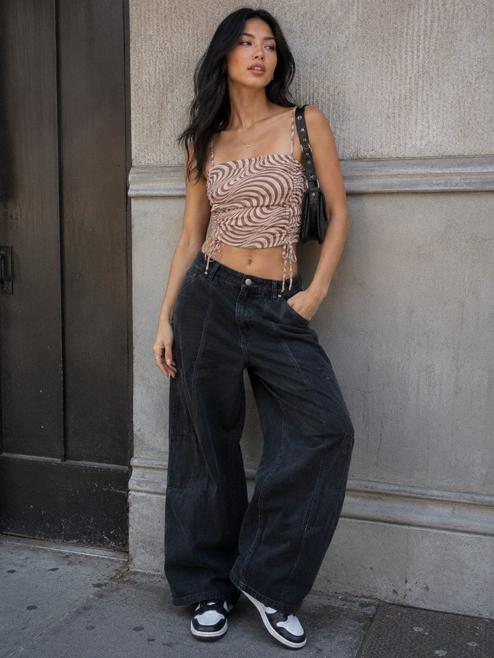 WOMEN'S SLEEVELESS RUCHING FRONT PRINT CROP TOP