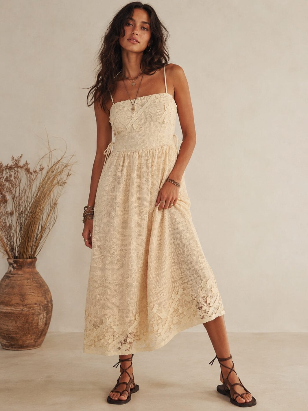 JUST ME WOMEN'S SLEEVELESS SQUARE NECK FRONT POCKETS SIDE LACE UP CROCHET MAXI DRESS