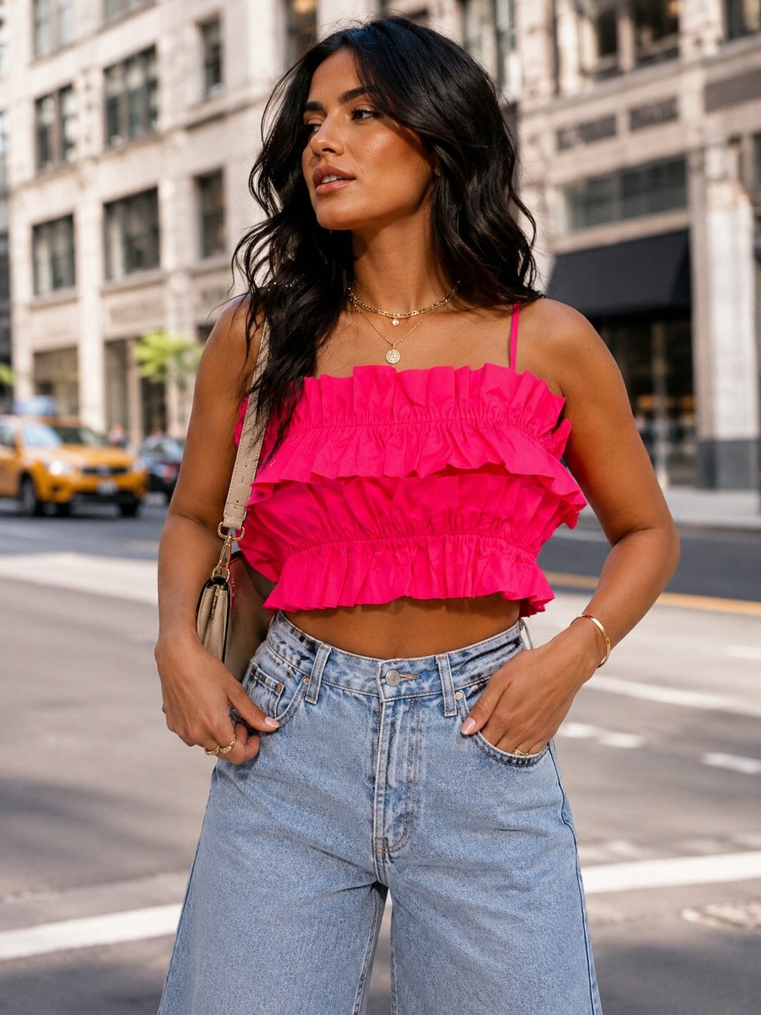 WOMEN'S SLEEVELESS TIERED RUFFLE ELASTIC WAIST CROP TANK TOP