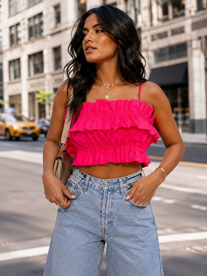 WOMEN'S SLEEVELESS TIERED RUFFLE ELASTIC WAIST CROP TANK TOP