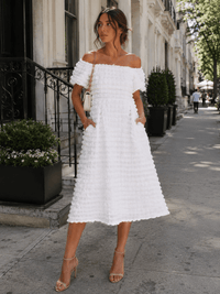 WOMEN'S SHORT SLEEVE OFF SHOULDER FRONT POCKETS DETAILED MIDI DRESS