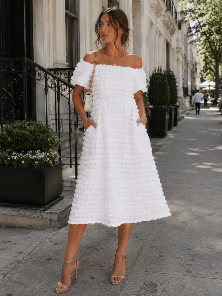 WOMEN'S SHORT SLEEVE OFF SHOULDER FRONT POCKETS DETAILED MIDI DRESS