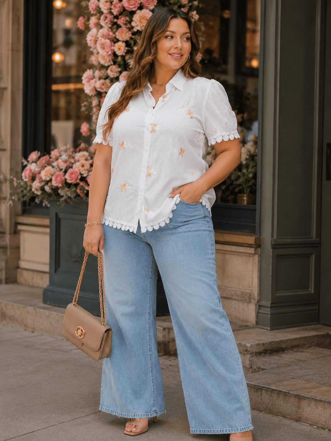 PLUS SIZE SHORT SLEEVE BUTTON UP EMBROIDERY RHINESTONES TRIM DETAILED BLOUSE
