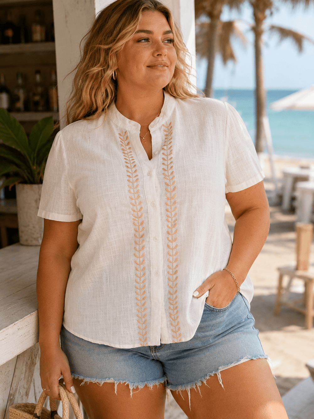 PLUS SIZE SHORT SLEEVE BUTTON UP EMBROIDERY TRIM BLOUSE