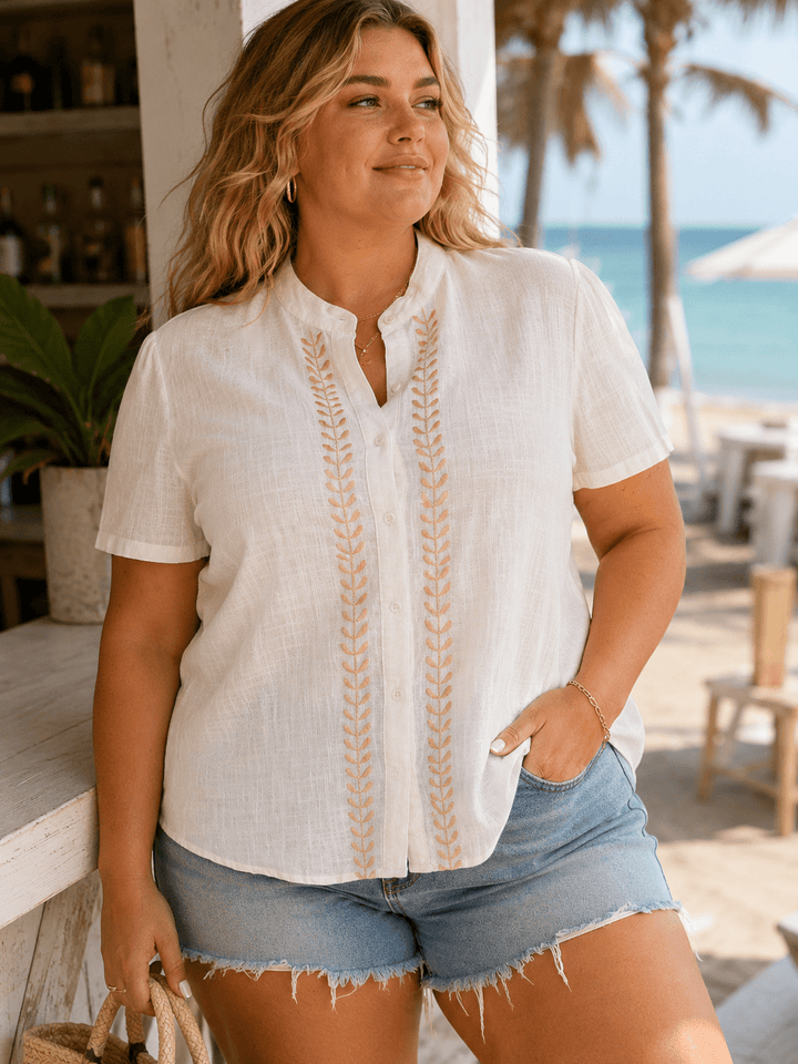 PLUS SIZE SHORT SLEEVE BUTTON UP EMBROIDERY TRIM BLOUSE