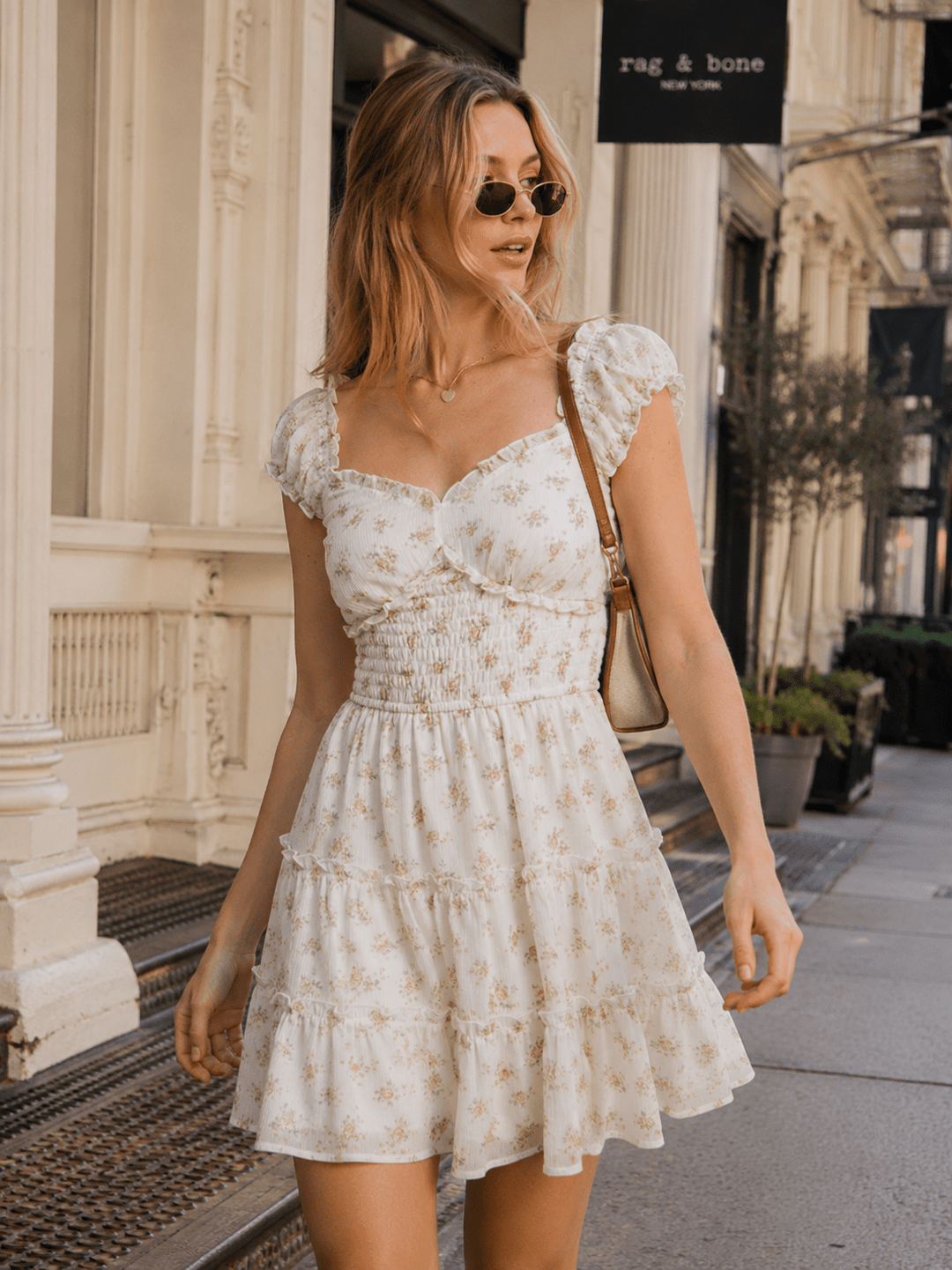 WOMEN'S SHORT SLEEVES SMOCK WAIST FIT & FLARE FLORAL MINI DRESS
