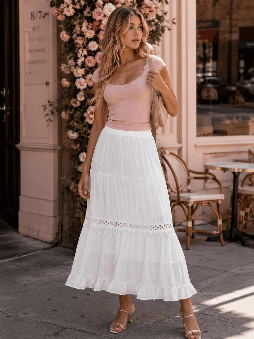WOMEN'S ELASTIC WAIST TIERED CROCHET MAXI SKIRT