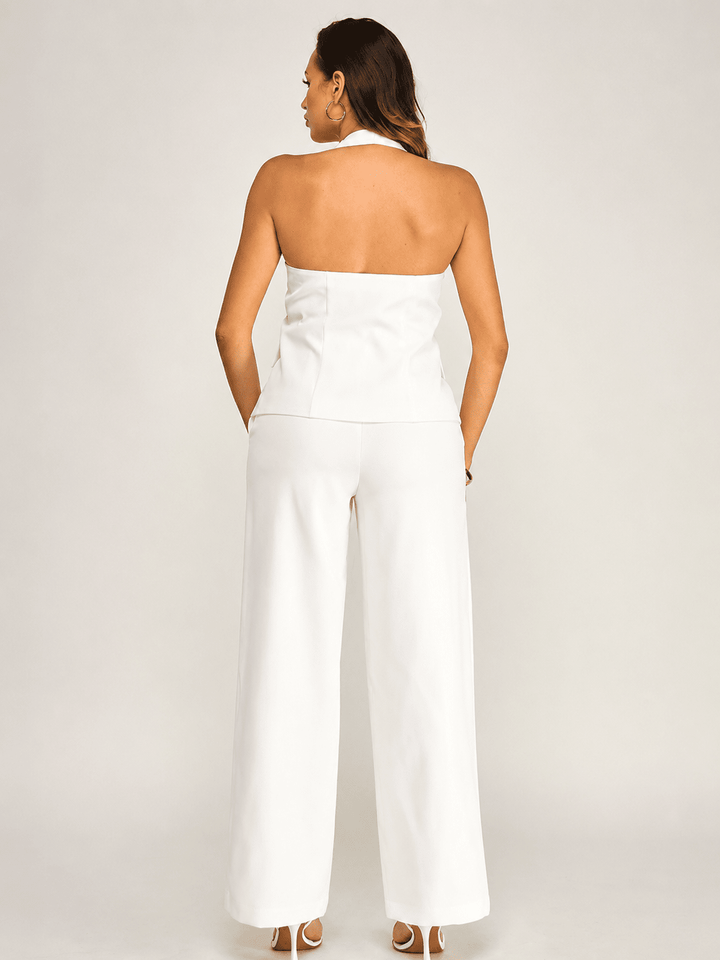 WOMEN'S HALTER NECK BUTTON CLOSURE TOP & BUTTON CLOSURE POCKETS WIDE LEG PANTS 2PC. SET