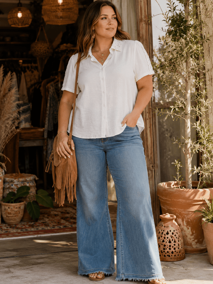PLUS SIZE SHORT SLEEVE BUTTON UP CROCHET TRIM BLOUSE