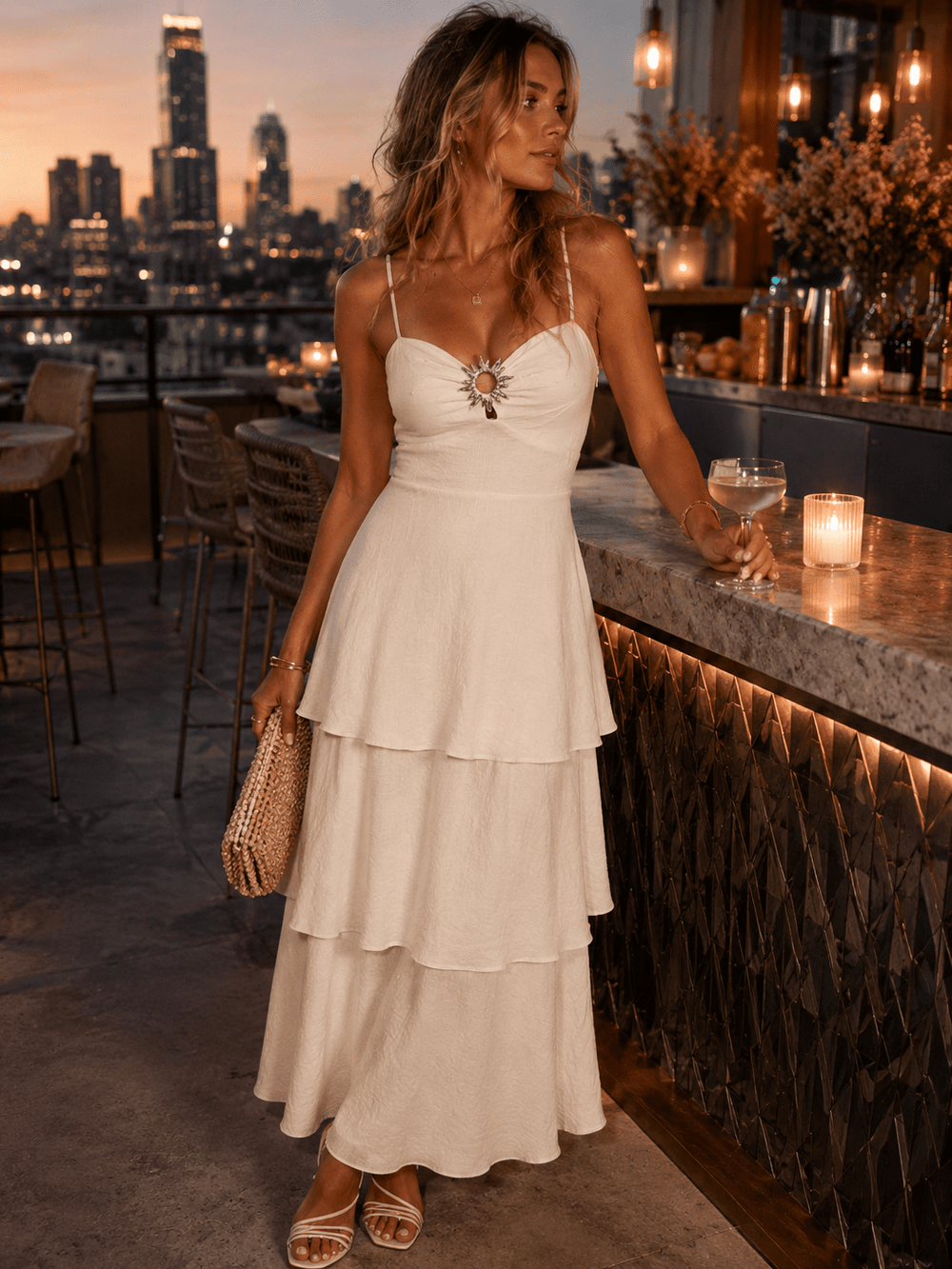 WOMEN'S SLEEVELESS V-NECK RUFFLE TIERED MAXI DRESS