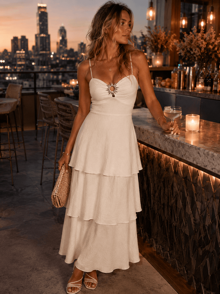WOMEN'S SLEEVELESS V-NECK RUFFLE TIERED MAXI DRESS