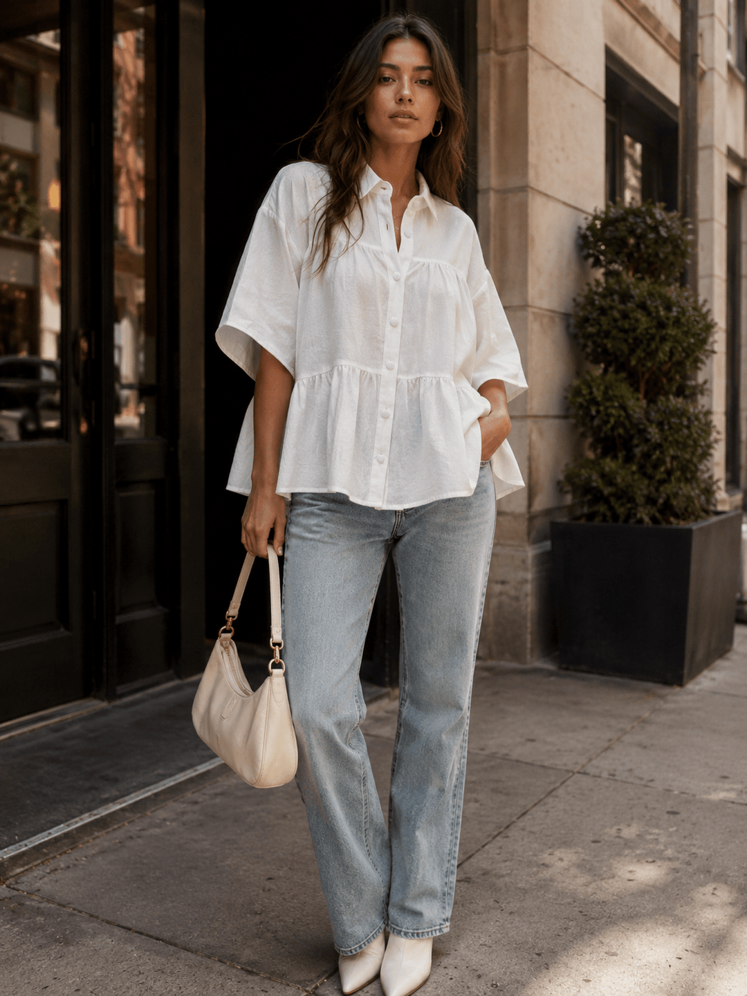 WOMEN'S SHORT SLEEVE BUTTON UP TIERED TUNIC TOP
