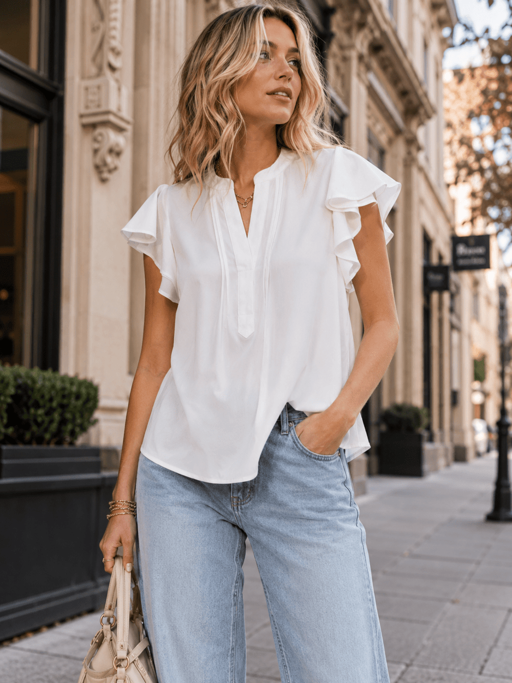 WOMEN'S SHORT RUFFLE SLEEVE V-NECK DETAILED BLOUSE