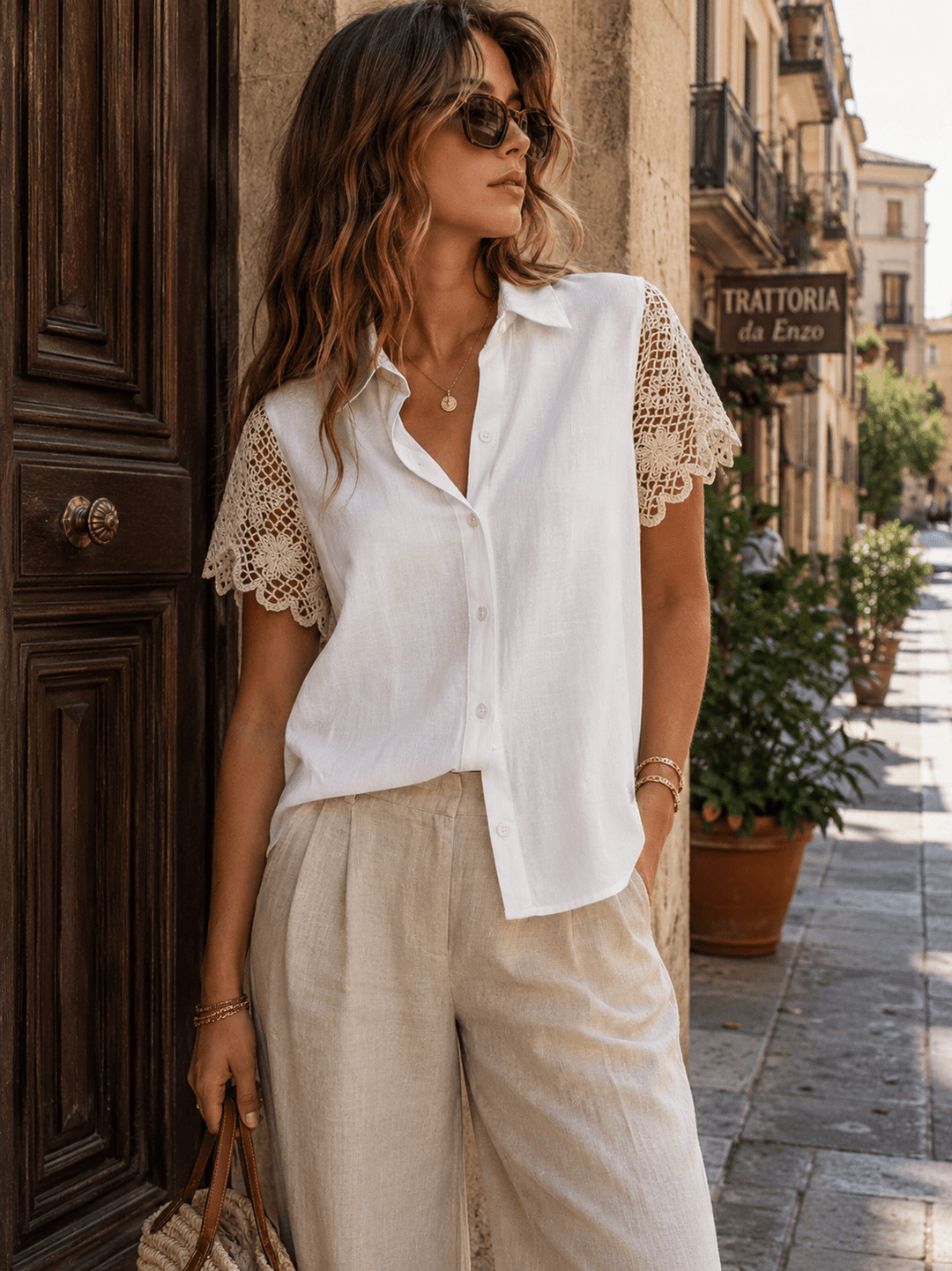 WOMEN'S SHORT CROCHET SLEEVES BUTTON UP BLOUSE
