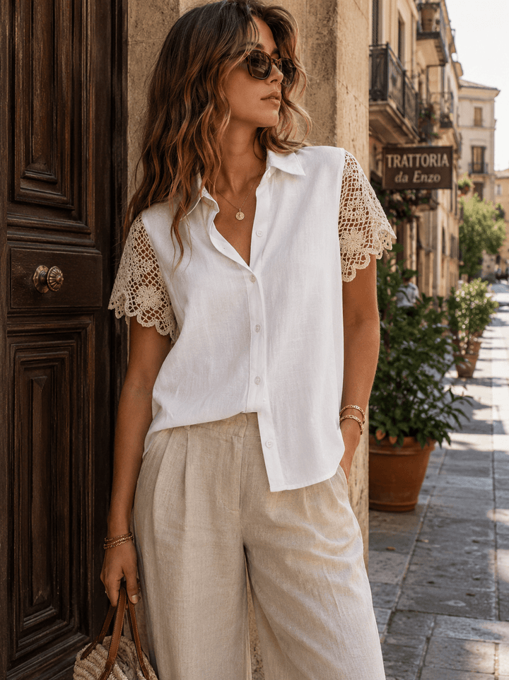 WOMEN'S SHORT CROCHET SLEEVES BUTTON UP BLOUSE