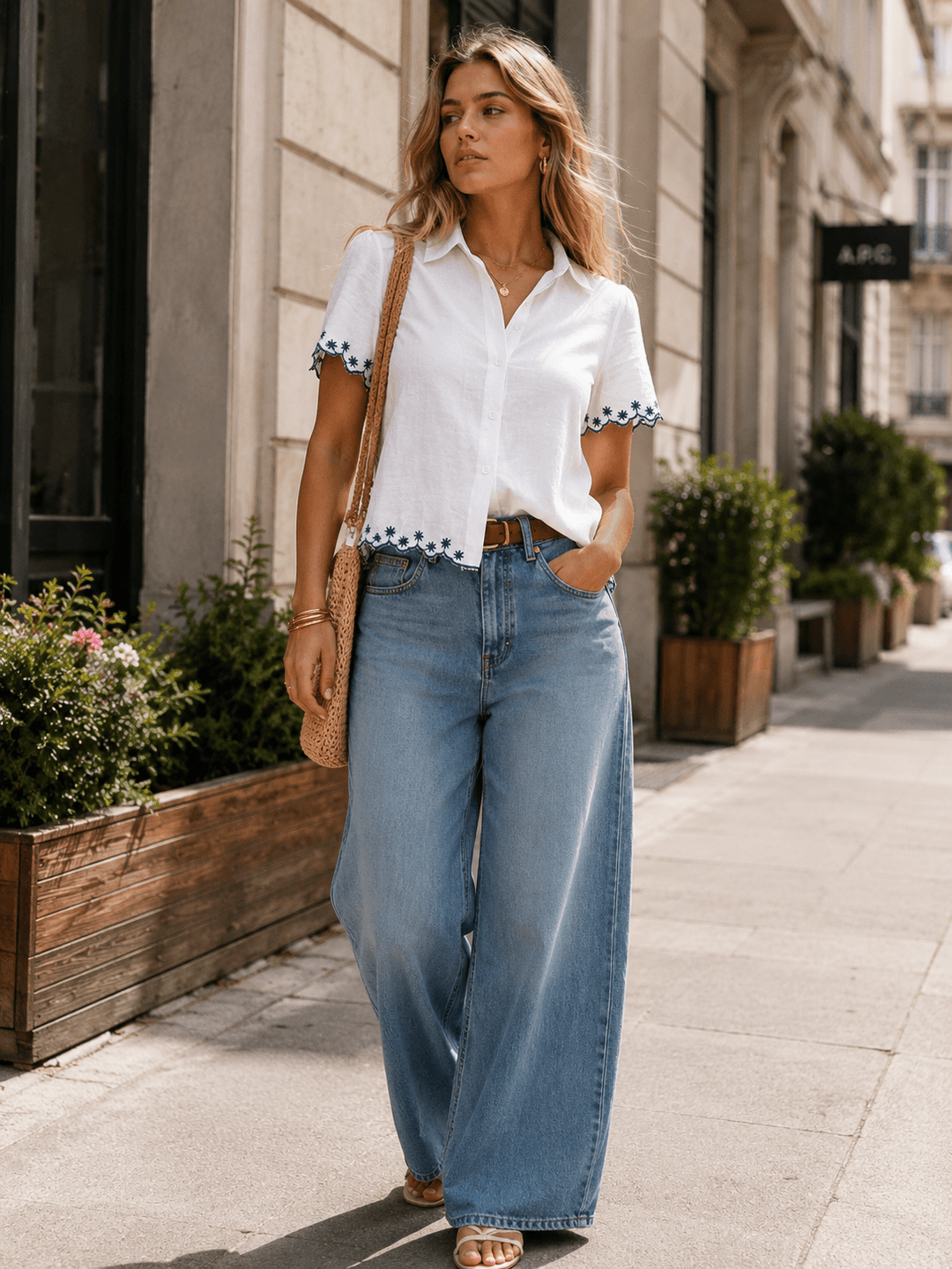 WOMEN'S SHORT SLEEVES BUTTON UP EMBROIDERY TRIM BLOUSE