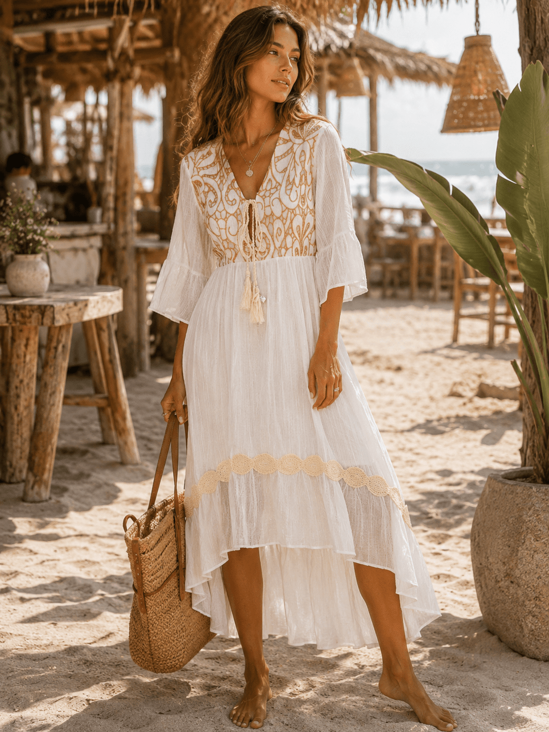 WOMEN'S SHORT SLEEVE V-NECK HIGH-LOW CROCHET MAXI DRESS