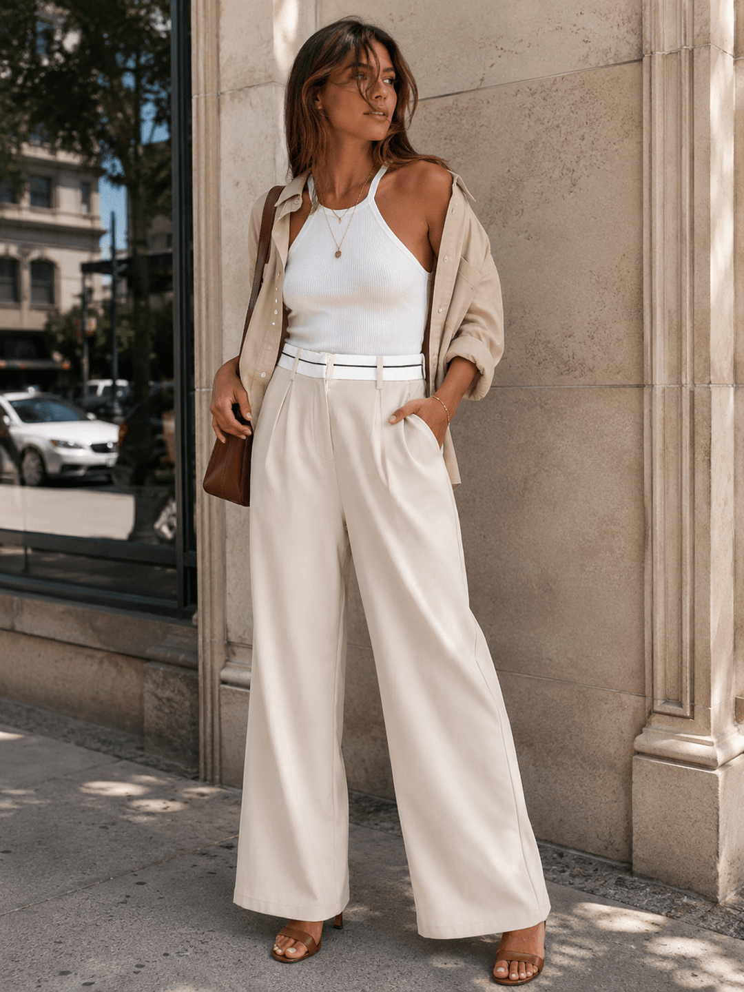 WOMEN'S ELASTIC WAIST BUTTON CLOSURE FRONT POCKETS STRAIGHT LEGS PANTS