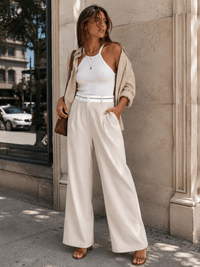 WOMEN'S ELASTIC WAIST BUTTON CLOSURE FRONT POCKETS STRAIGHT LEGS PANTS