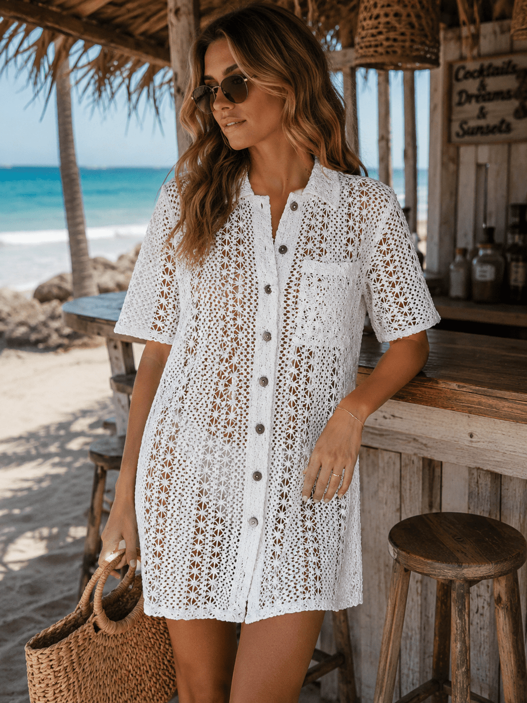 WOMEN'S SHORT SLEEVE FRONT POCKET BUTTON UP COVER UP CROCHET MINI DRESS