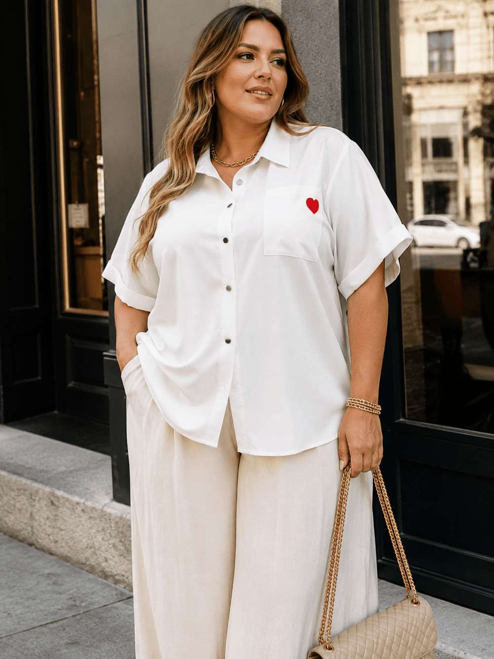 PLUS SIZE SHORT SLEEVE BUTTON UP FRONT POCKET HEART BLOUSE