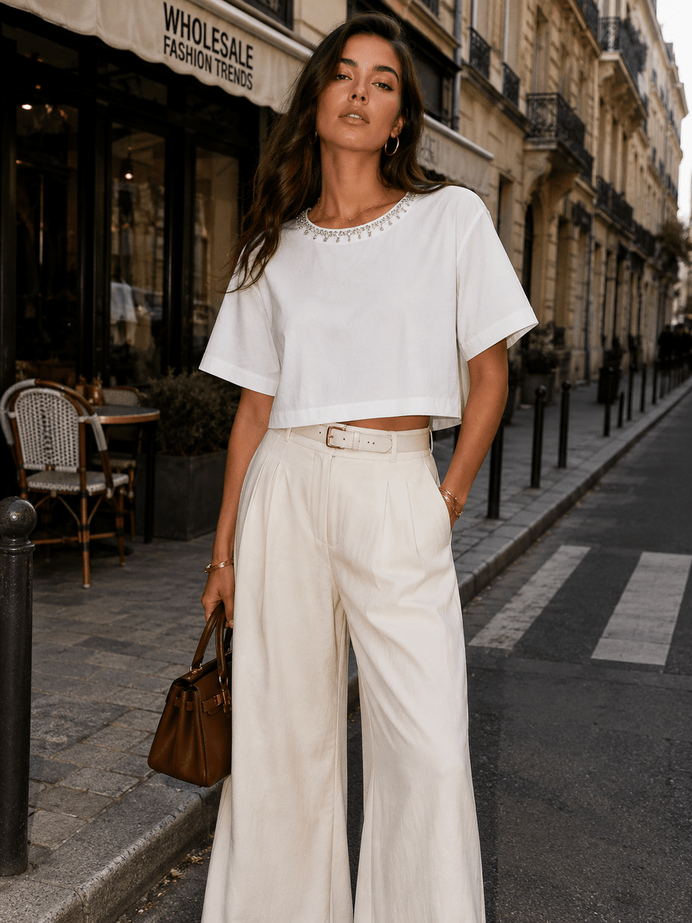 WOMEN'S SHORT SLEEVE STUDS NECK TRIM BACK BUTTON UP LINEN BLOUSE