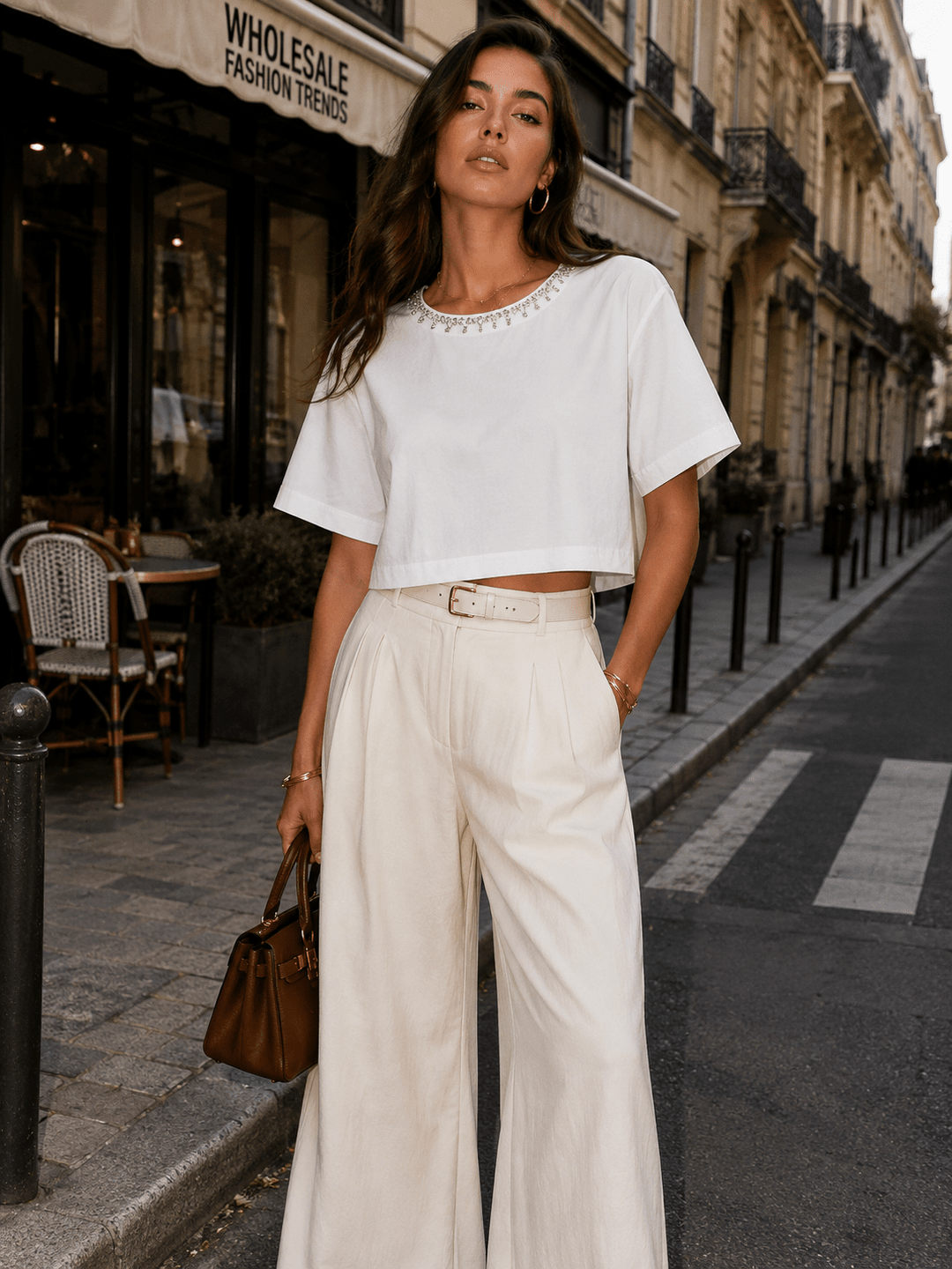 WOMEN'S SHORT SLEEVE STUDS NECK TRIM BACK BUTTON UP LINEN BLOUSE