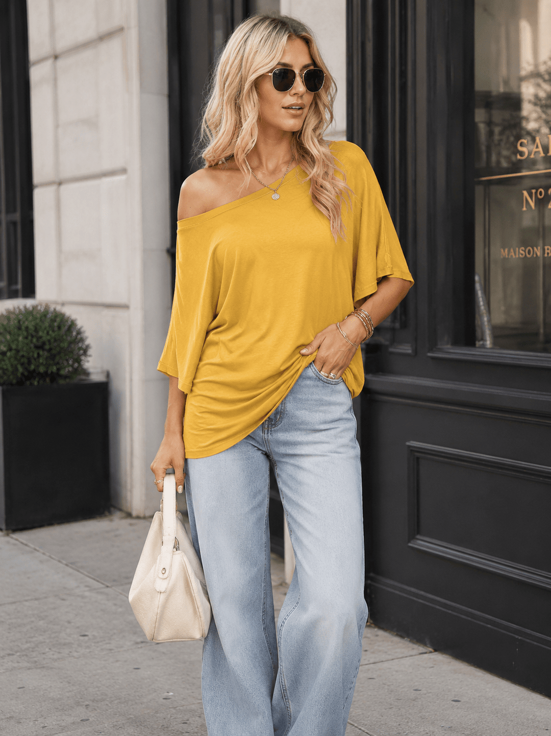 WOMEN'S SHORT SLEEVE OFF SHOULDER LOOSE FIT TUNIC TOP