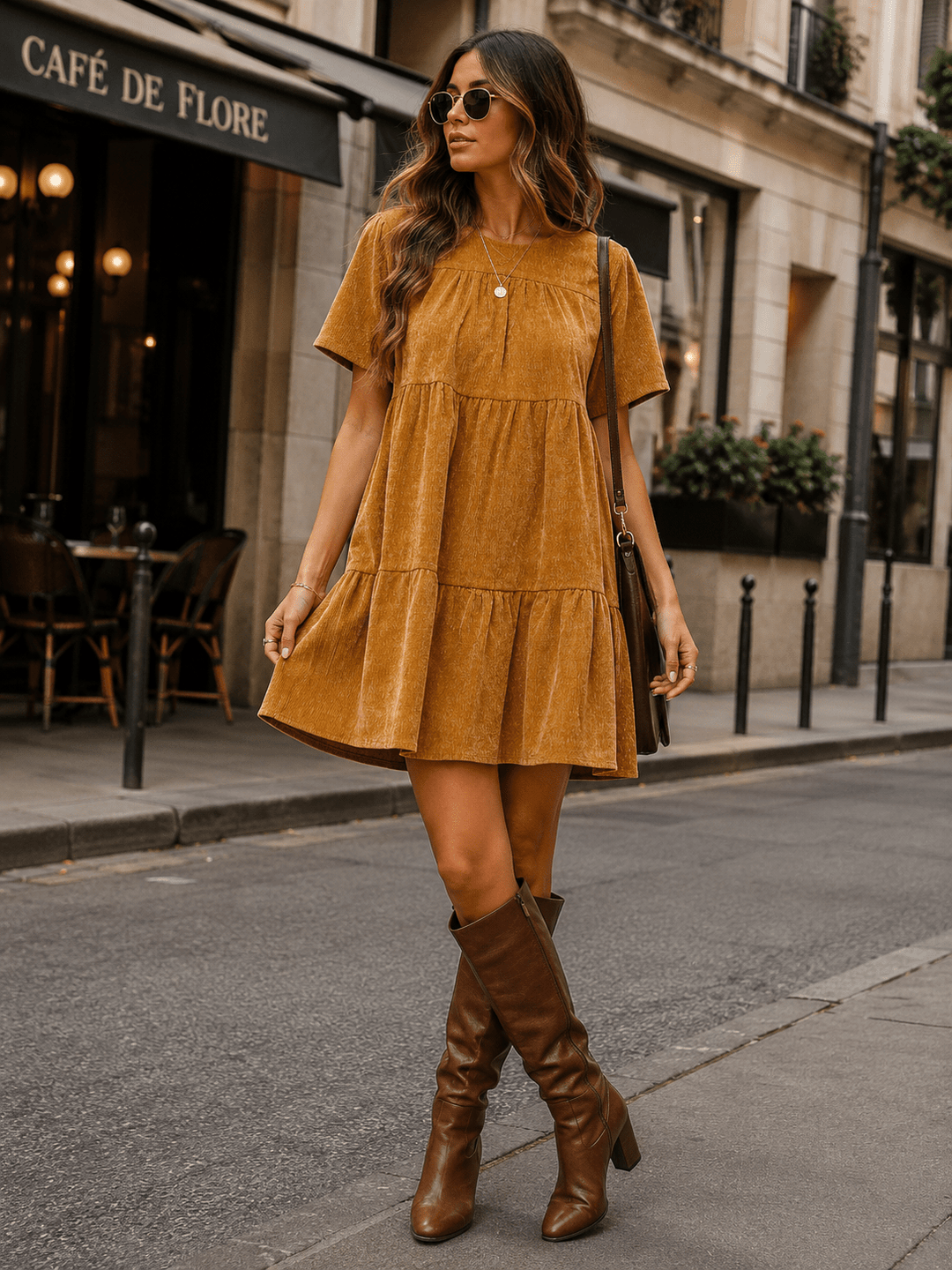 WOMEN'S SHORT SLEEVE FRONT POCKETS TIERED TUNIC CORDUROY MINI DRESS