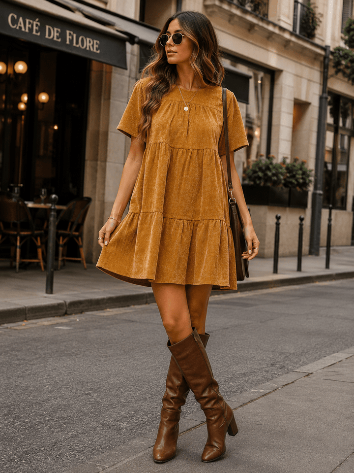 WOMEN'S SHORT SLEEVE FRONT POCKETS TIERED TUNIC CORDUROY MINI DRESS