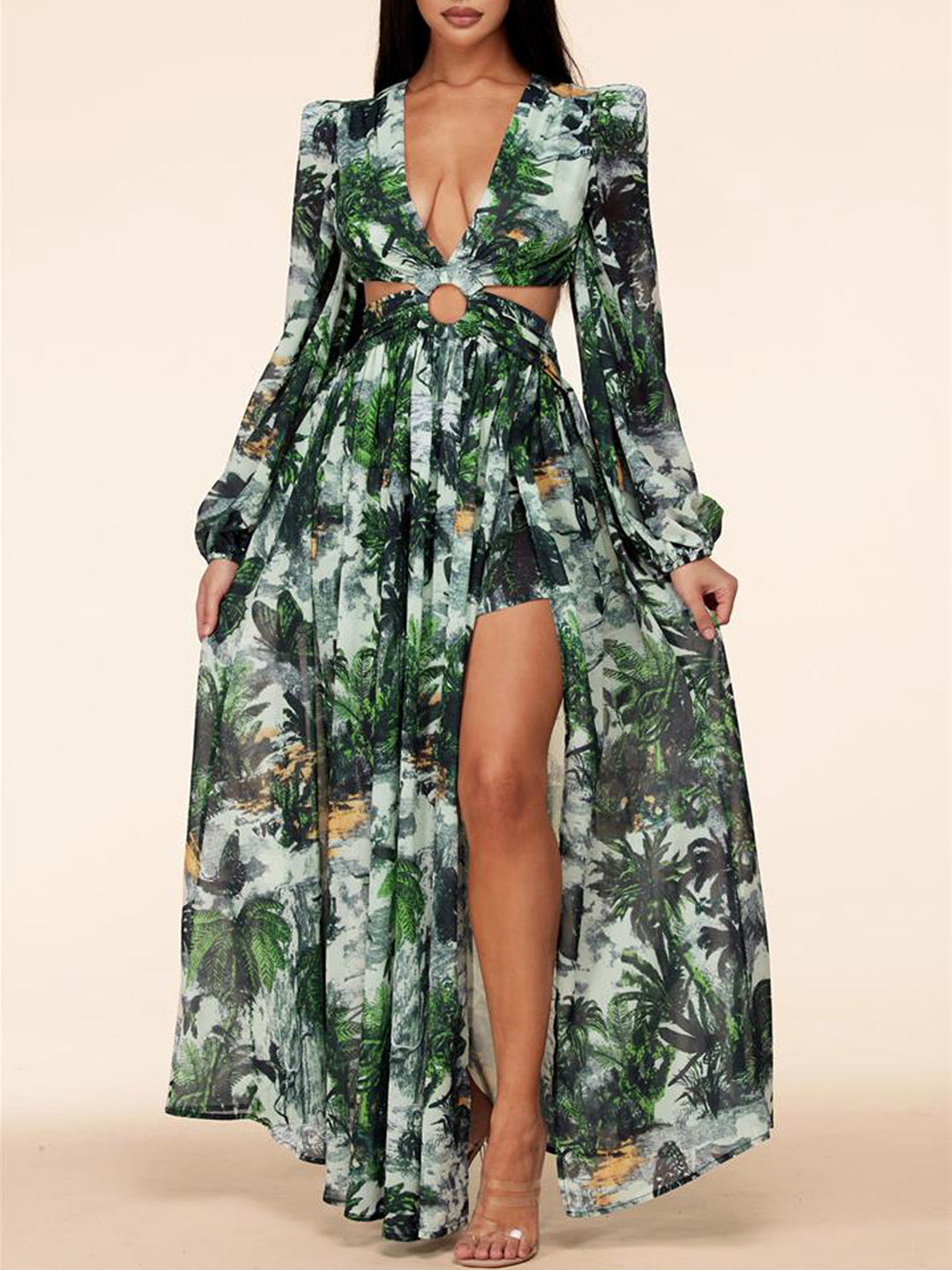 WOMEN'S LONG CUT OUT SLEEVE V-NECK MAXI DRESS