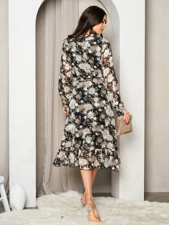 WOMEN'S LONG SLEEVE V-NECK RUFFLE FLORAL WRAP MIDI DRESS