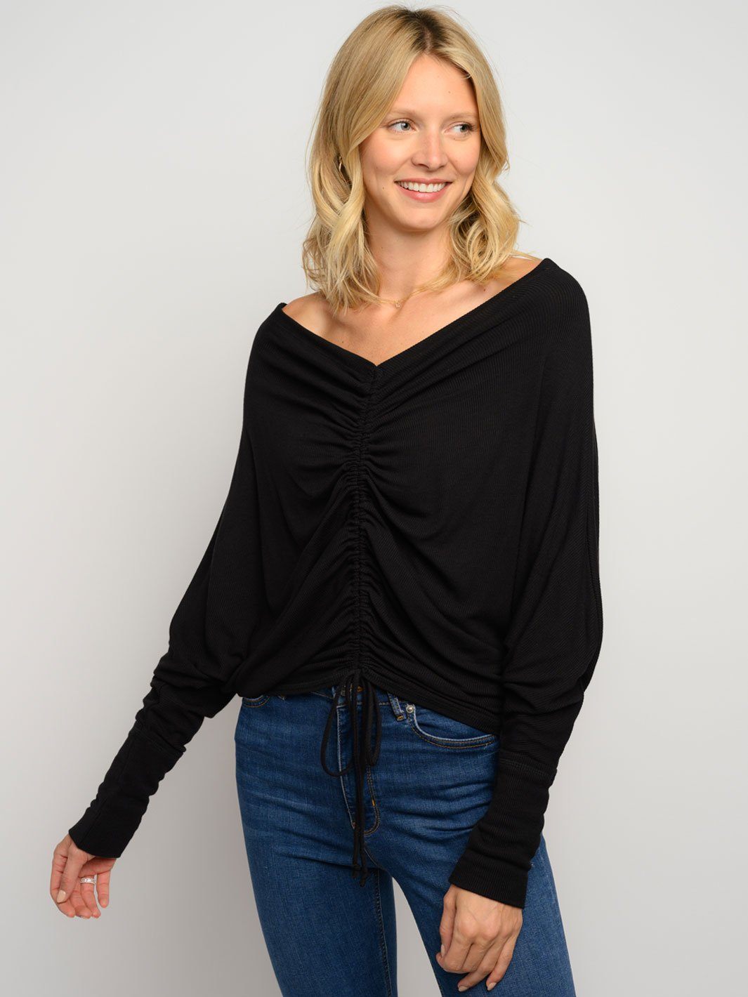 WOMEN'S FRONT SHIRRING KNIT DOLMAN LONG SLEEVE TOP