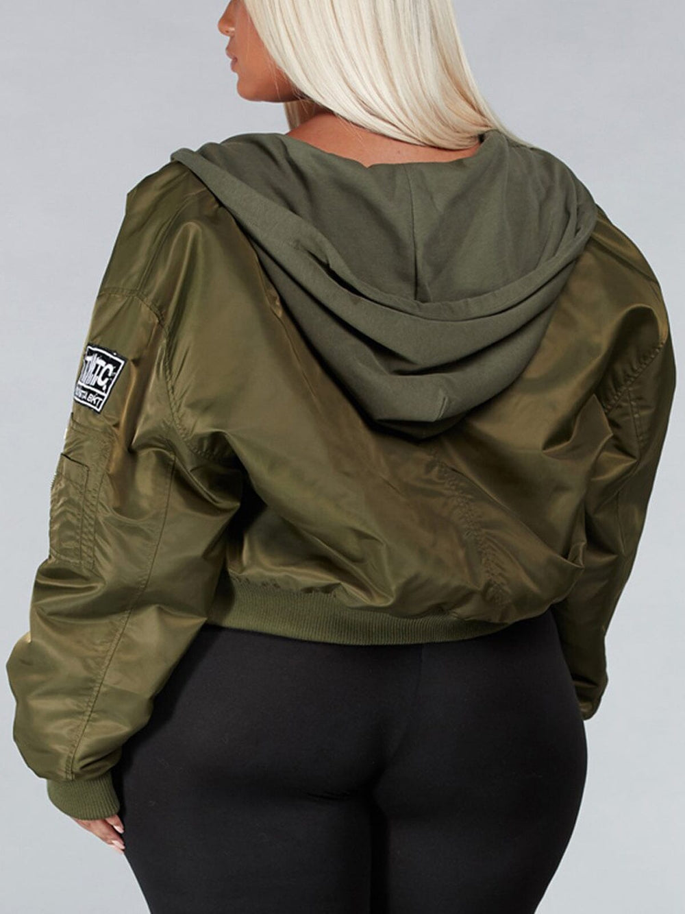 PLUS SIZE LONG SLEEVE PATCHES HOODIE BOMBER JACKET