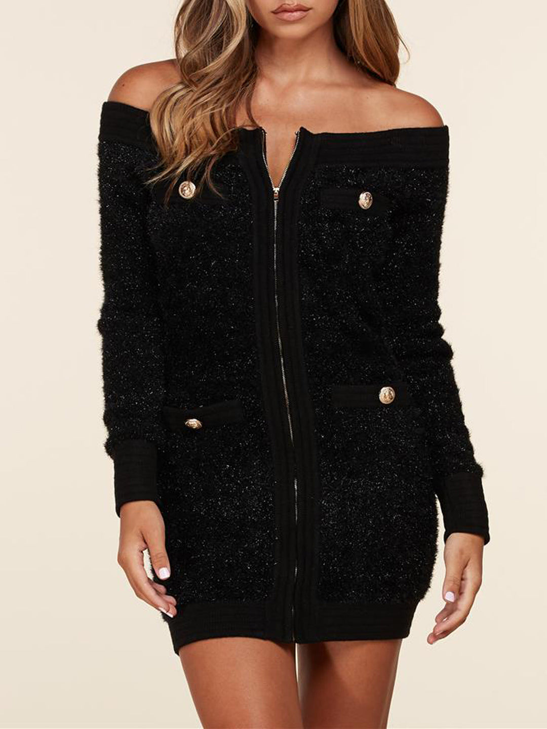 WOMEN'S LONG SLEEVE OFF SHOULDER SHIMMER MINI DRESS