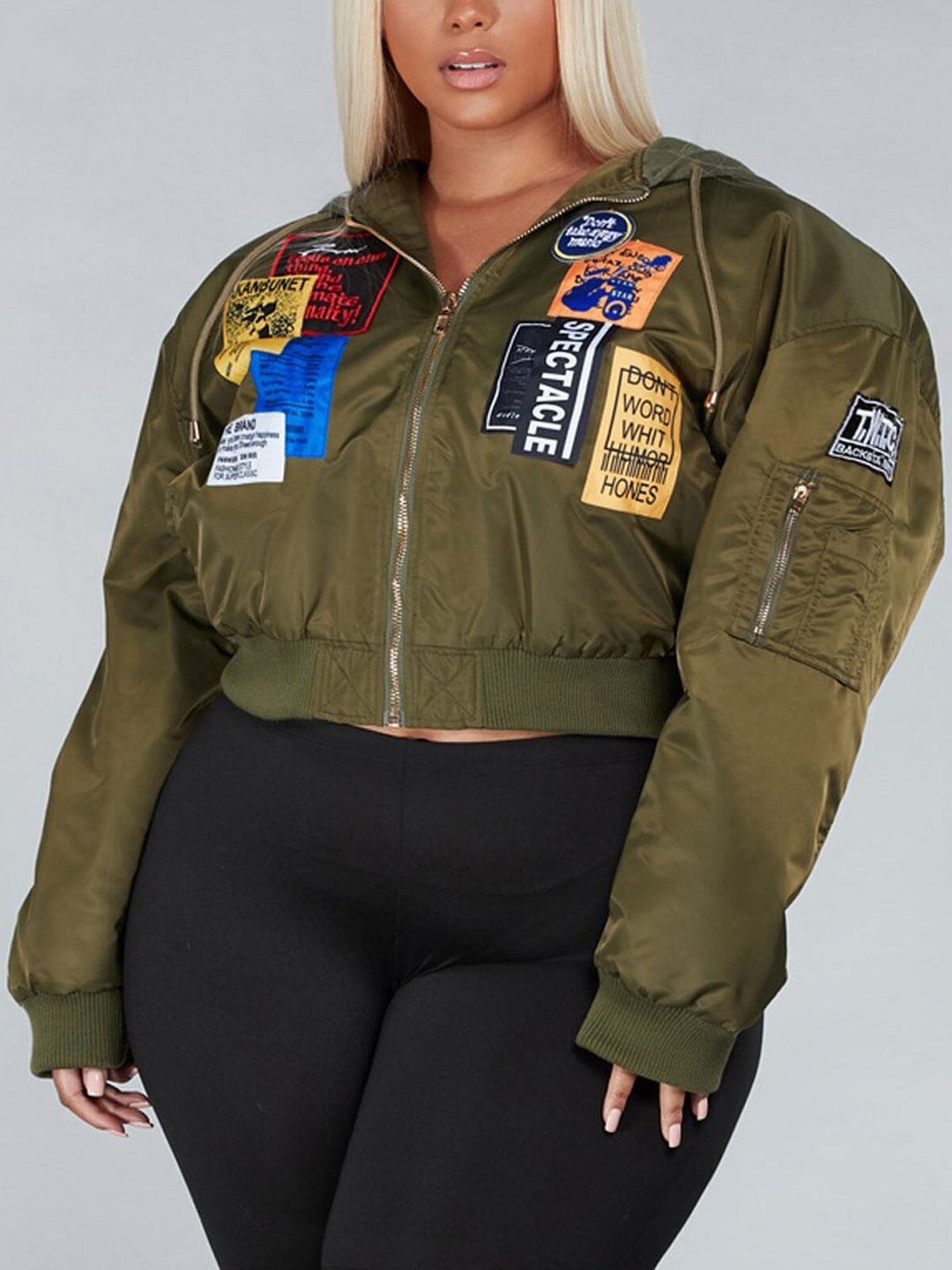 PLUS SIZE LONG SLEEVE PATCHES HOODIE BOMBER JACKET