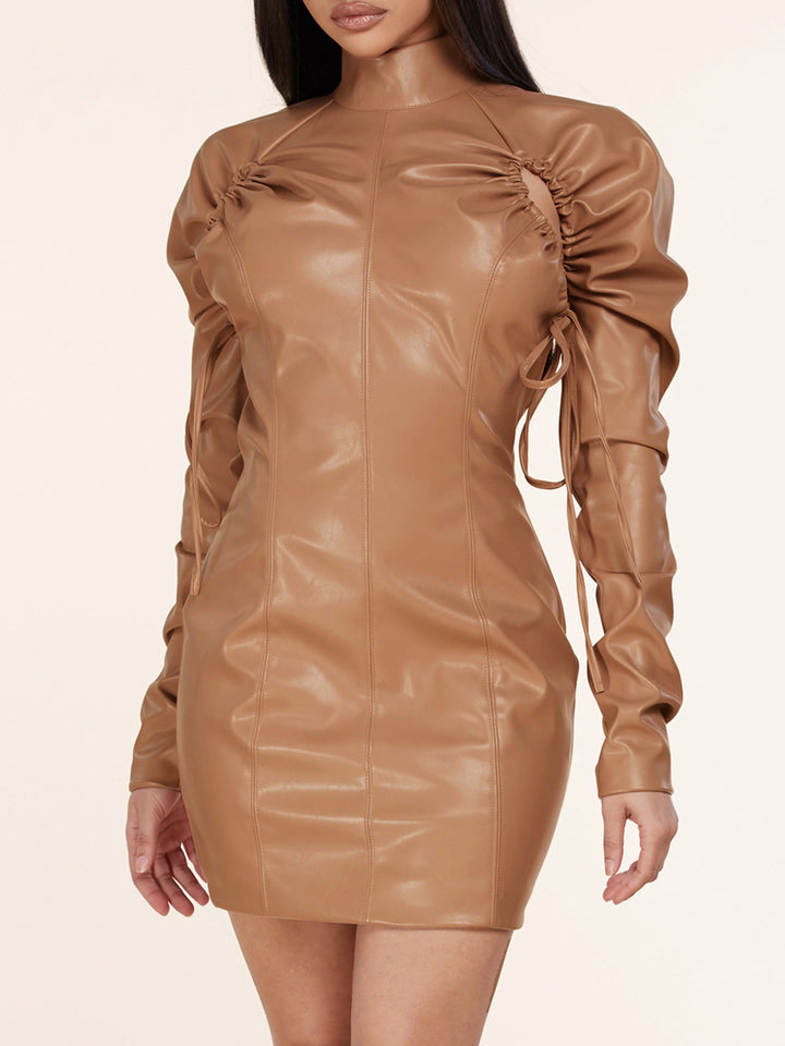 WOMEN'S LONG SLEEVE SIDE RUCHED PU PLEATHER MINI DRESS