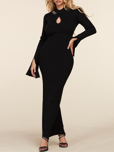 WOMEN'S LONG BELL SLEEVE FRONT CHAIN DETAILED BODYCON MAXI DRESS